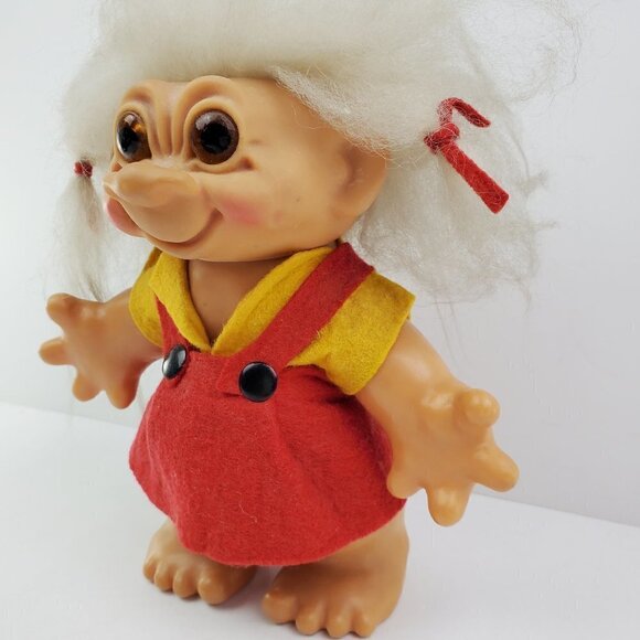 Troll Doll Thomas Dam Denmark Smiling Felt Dress Hair Bows Vintage Approx 8" - Picture 10 of 12